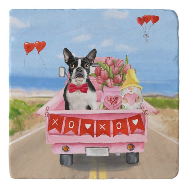 Boston Terrier Dog Valentine's Day Truck Hearts Trivet (Front)