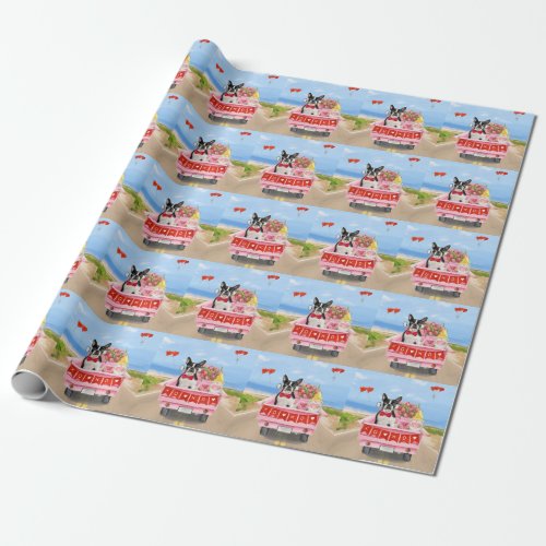 Boston Terrier Dog Valentines Day Truck Hearts Wrapping Paper