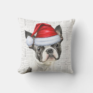 Boston Terrier Dog Watercolor Christmas Throw Pillow