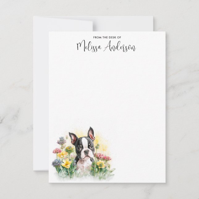Boston Terrier Dog Watercolor Puppy Personalized  Note Card (Front)
