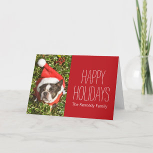 Boston Terrier dog wearing Christmas wreath Holiday Card