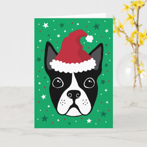 Boston terrier dog wearing Santa hat Christmas Card