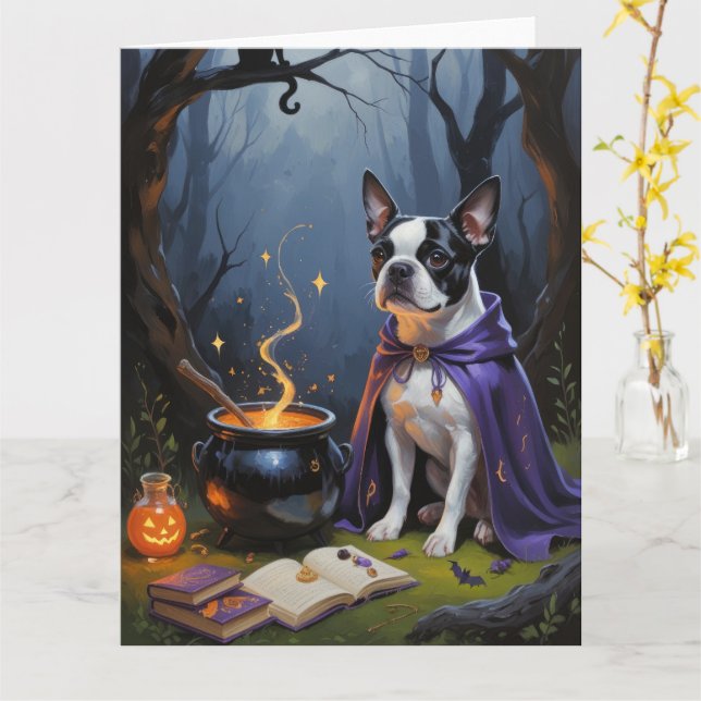 Boston Terrier Dog Whimsical Halloween Painting Card (Yellow Flower)