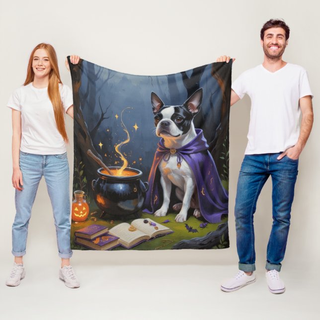 Boston Terrier Dog Whimsical Halloween Painting Fleece Blanket (In Situ)