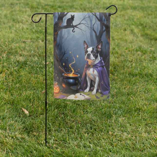 Boston Terrier Dog Whimsical Halloween Painting Garden Flag (In SItu)