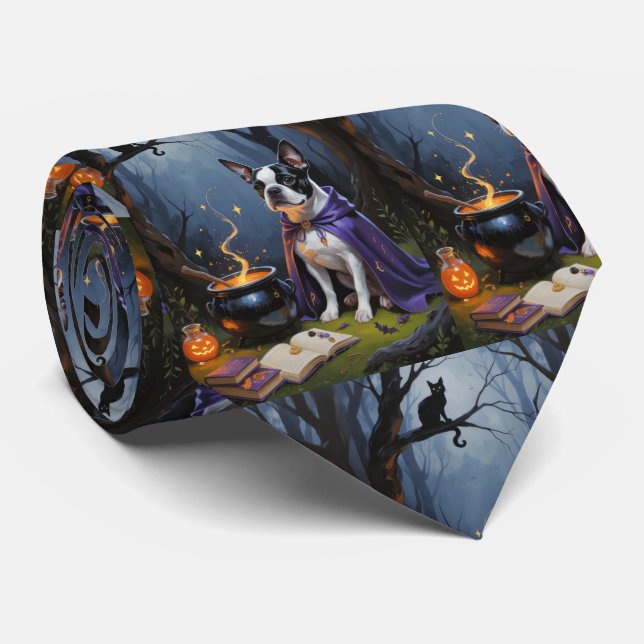 Boston Terrier Dog Whimsical Halloween Painting Neck Tie (Rolled)
