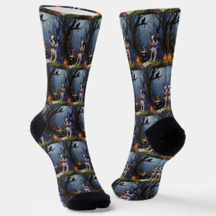 Boston Terrier Dog Whimsical Halloween Painting Socks