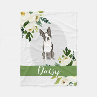 Boston Terrier Dog white personalized watercolor Fleece Blanket