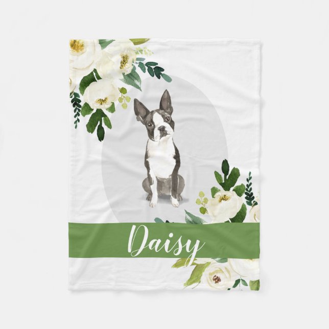 Boston Terrier Dog white personalized watercolor Fleece Blanket (Front)