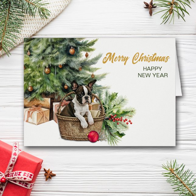 Boston Terrier Dog Wicker Basket Christmas Tree Cards (Creator Uploaded)