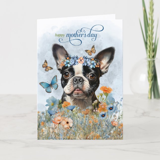 Boston Terrier Dog Wildflowers Mother's Day Holiday Card (Front)