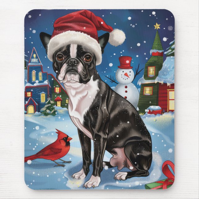 Boston Terrier Dog Winter Wonderland Christmas Joy Mouse Pad (Front)