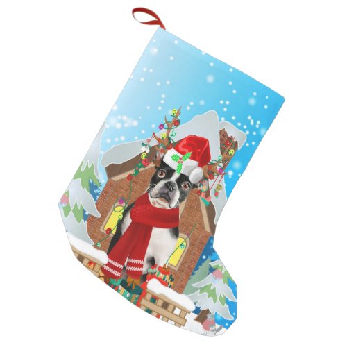 Boston Terrier dog with Christmas gifts Small Christmas Stocking