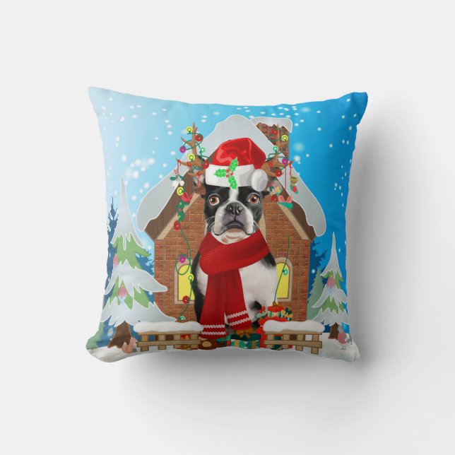 Boston Terrier dog with Christmas gifts Throw Pillow (Front)