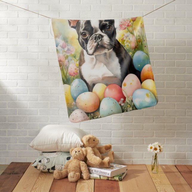 Boston Terrier Dog with Easter Eggs Holiday Baby Blanket (In Situ)