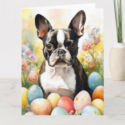 Boston Terrier Dog with Easter Eggs Holiday Card