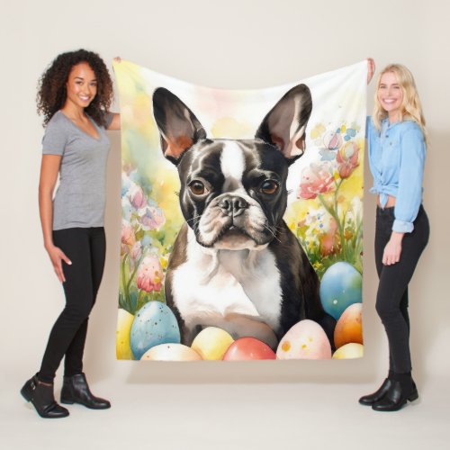 Boston Terrier Dog with Easter Eggs Holiday Fleece Blanket