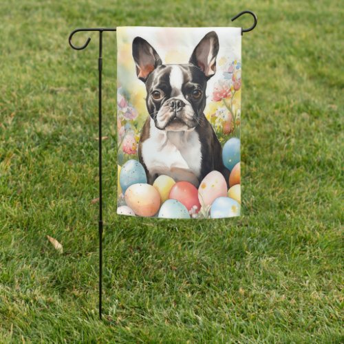 Boston Terrier Dog with Easter Eggs Holiday Garden Flag