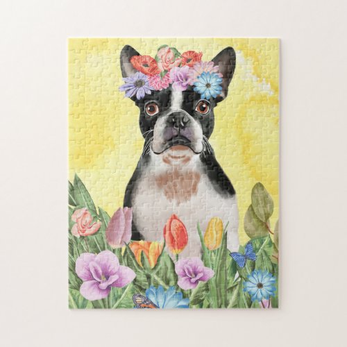 Boston Terrier Dog with Flowers Spring Jigsaw Puzzle