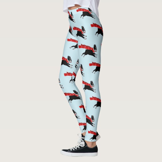 Boston Terrier Dog with Red Scarf Patterned Leggings (Left)