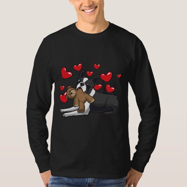 Boston Terrier Dog With Stuffed Animal And Hearts T-Shirt (Front)