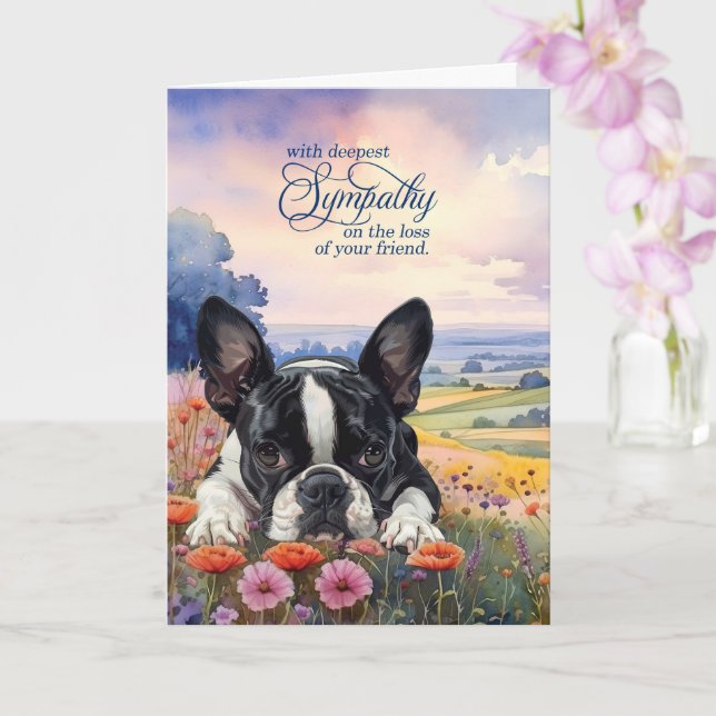Boston Terrier Dog with Wildflowers Pet Sympathy Card (Orchid)