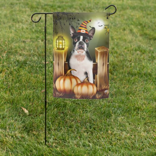 Boston Terrier Dog with Witch Hat Halloween Garden Flag