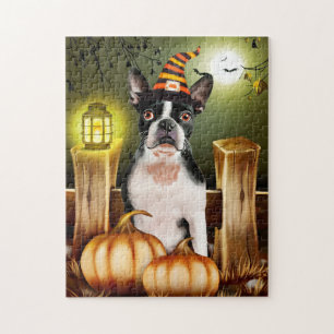 Boston Terrier Dog with Witch Hat Halloween Jigsaw Puzzle