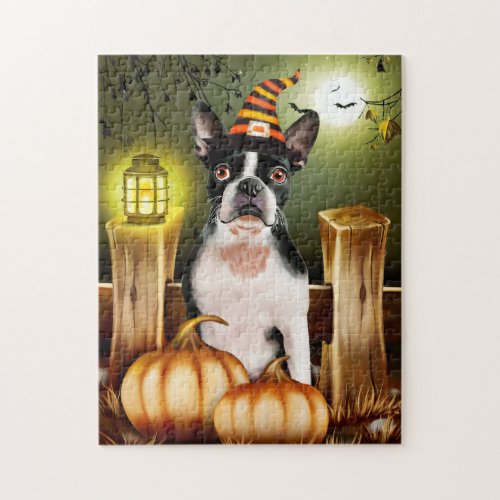 Boston Terrier Dog with Witch Hat Halloween  Jigsaw Puzzle