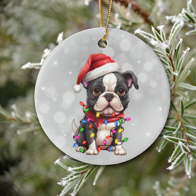 Boston Terrier Dog Wrapped in Christmas Lights  Ceramic Ornament (Creator Uploaded)