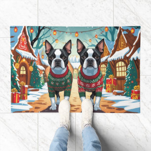 Boston Terrier Dogs Christmas Snow Holiday Doormat