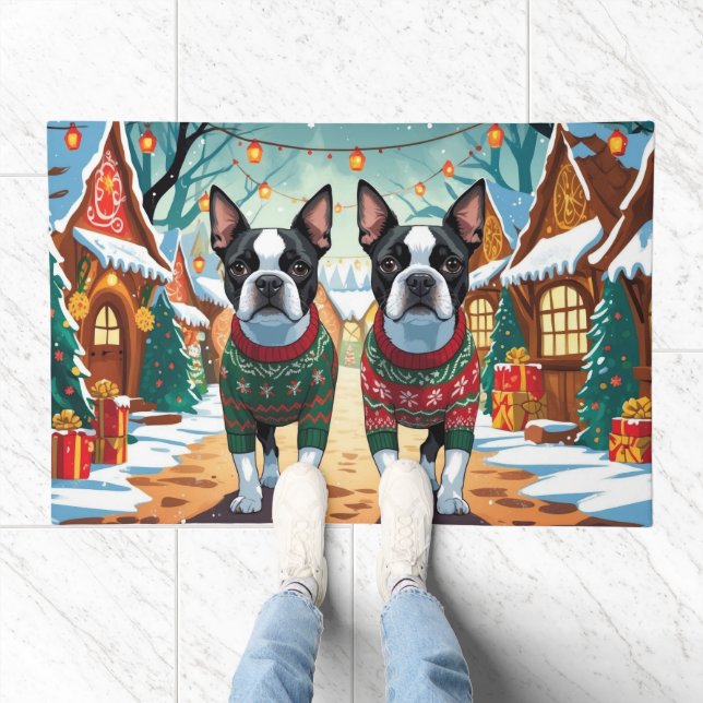 Boston Terrier Dogs Christmas Snow Holiday Doormat (Indoor)