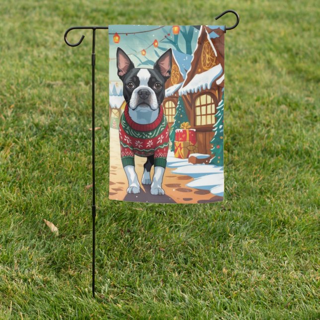 Boston Terrier Dogs Christmas Snow Holiday Garden Flag (In SItu)