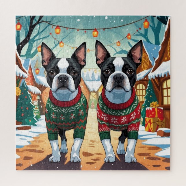 Boston Terrier Dogs Christmas Snow Holiday Jigsaw Puzzle (Vertical)
