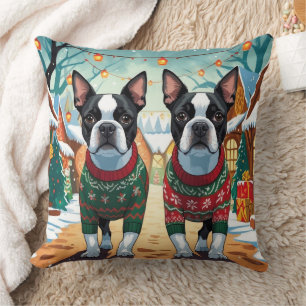 Boston Terrier Dogs Christmas Snow Holiday Throw Pillow