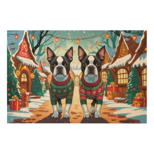 Boston Terrier Dogs Christmas Snow Holiday Wood Wall Art