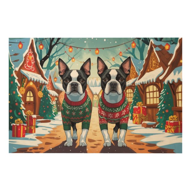 Boston Terrier Dogs Christmas Snow Holiday Wood Wall Art (Front)