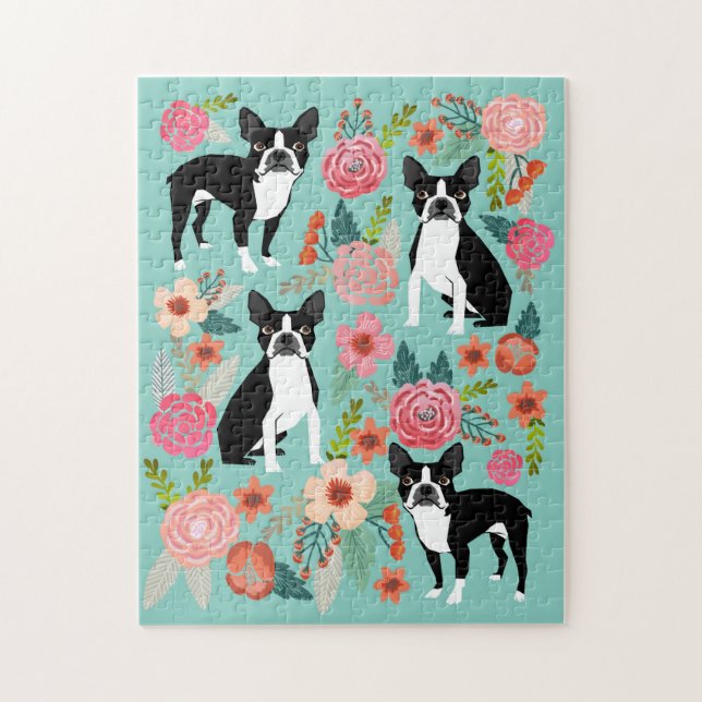 Boston Terrier Dogs Floral Jigsaw Puzzle (Vertical)