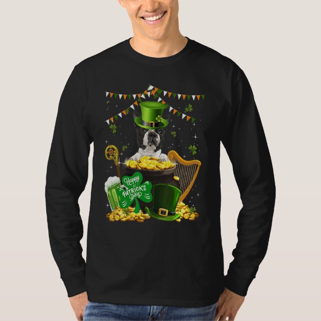 Boston Terrier Dogs Funny Irish Shamrock St Patric T-Shirt (Front)