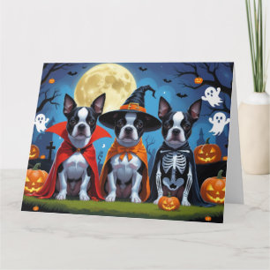 Boston Terrier Dogs Pumpkin Halloween Funny Card