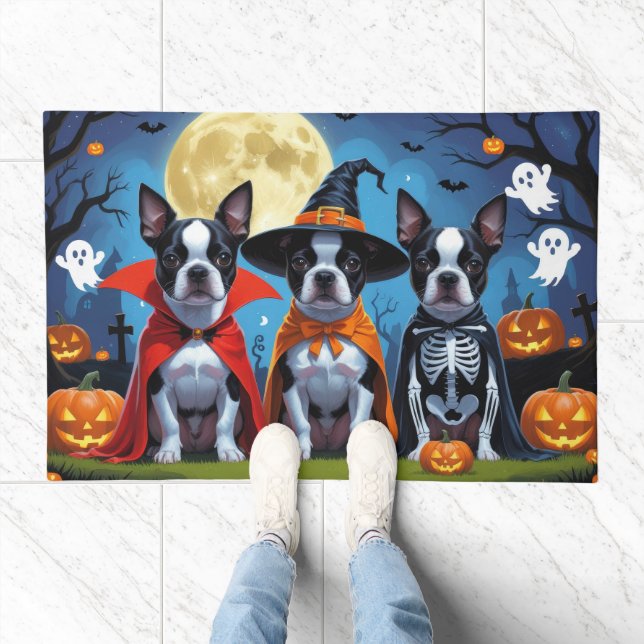 Boston Terrier Dogs Pumpkin Halloween Funny Doormat (Indoor)