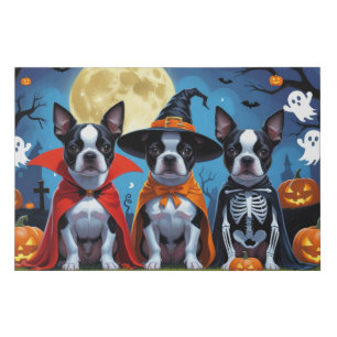 Boston Terrier Dogs Pumpkin Halloween Funny Faux Canvas Print