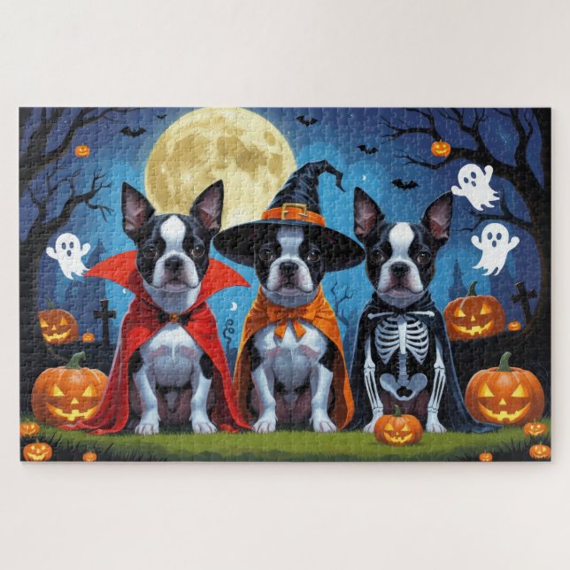 Boston Terrier Dogs Pumpkin Halloween Funny Jigsaw Puzzle (Horizontal)