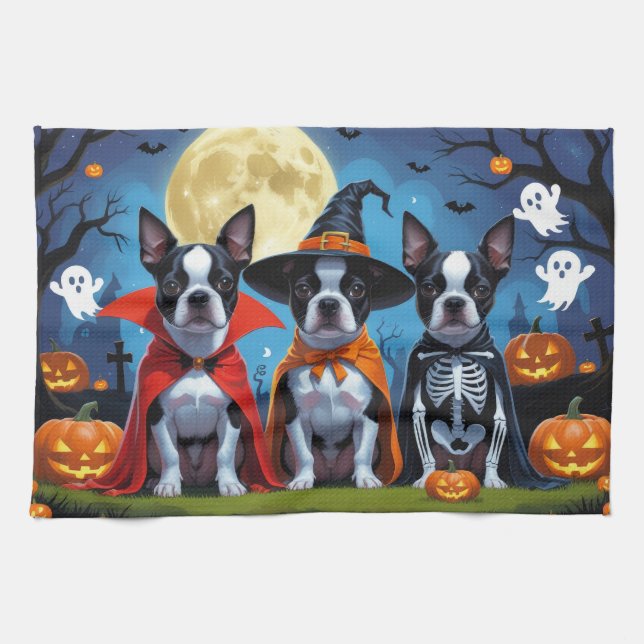 Boston Terrier Dogs Pumpkin Halloween Funny Kitchen Towel (Horizontal)