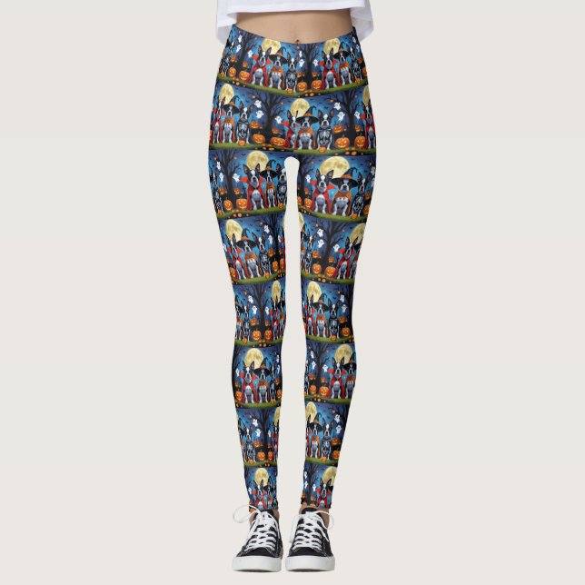 Boston Terrier Dogs Pumpkin Halloween Funny Leggings (Front)
