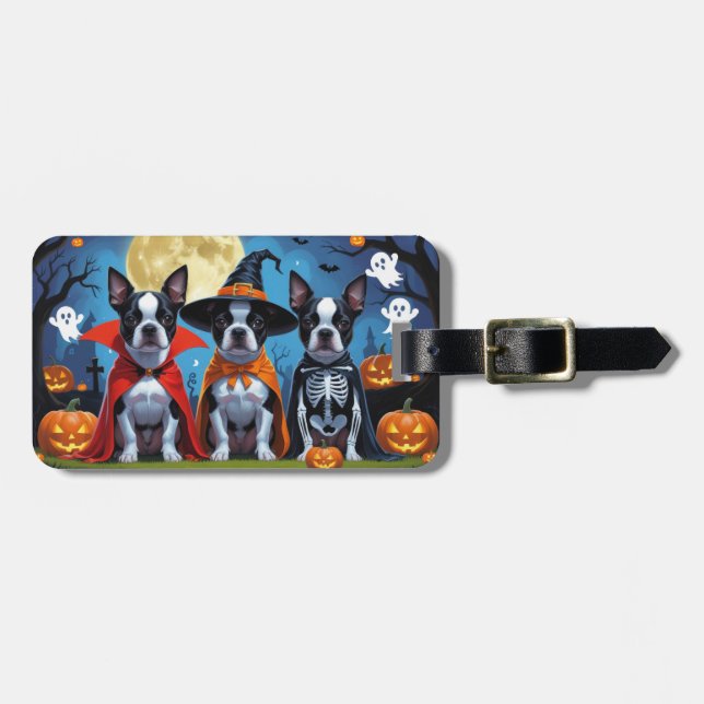 Boston Terrier Dogs Pumpkin Halloween Funny Luggage Tag (Front Horizontal)