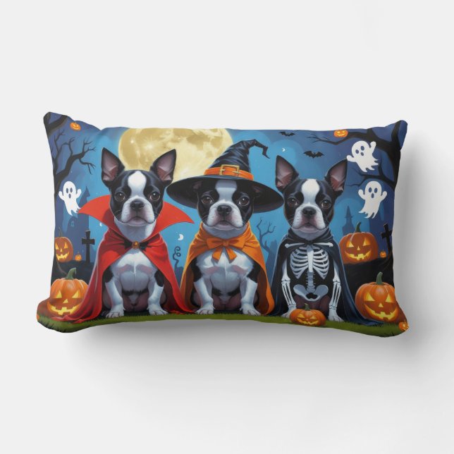 Boston Terrier Dogs Pumpkin Halloween Funny Lumbar Pillow (Front)