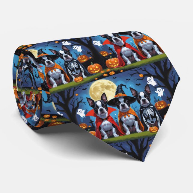 Boston Terrier Dogs Pumpkin Halloween Funny Neck Tie (Rolled)