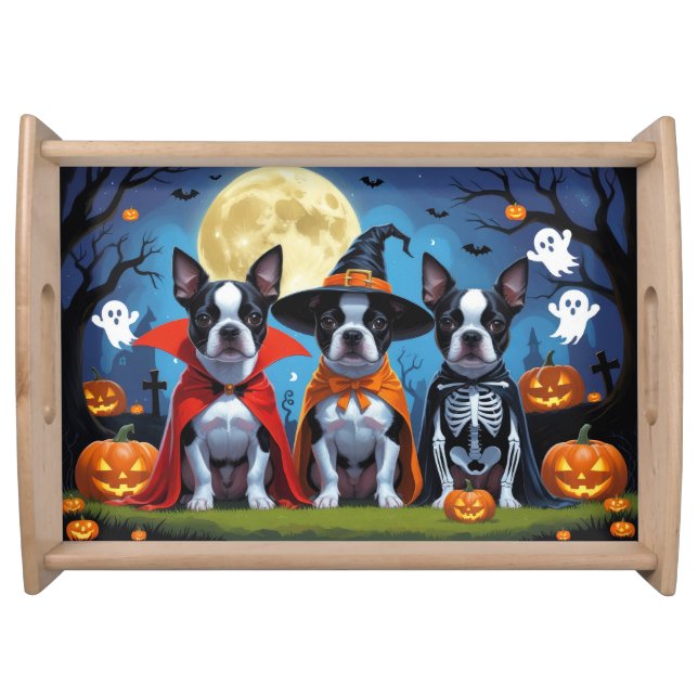 Boston Terrier Dogs Pumpkin Halloween Funny Serving Tray (Front)