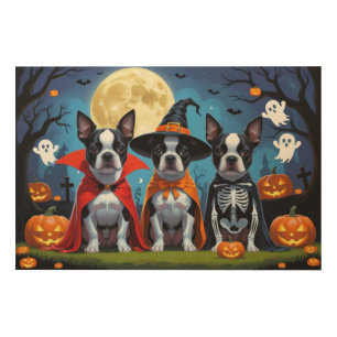 Boston Terrier Dogs Pumpkin Halloween Funny Wood Wall Art